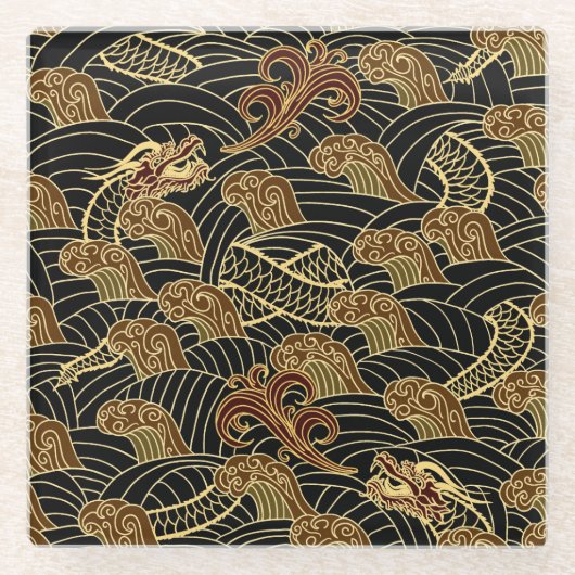 Oriental Zee Dragon Pattern Glazen Onderzetter (Voorkant)