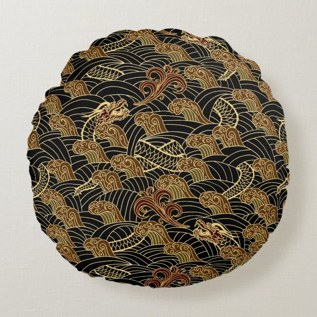 Oriental Zee Dragon Pattern Rond Kussen (Voorkant)