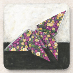 Origami Butterfly over Floral Paper Bier Onderzetter