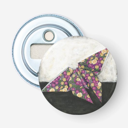 Origami Butterfly over Floral Paper Button Flesopener (Voorkant)
