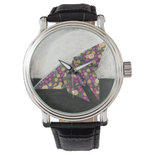 Origami Butterfly over Floral Paper Horloge