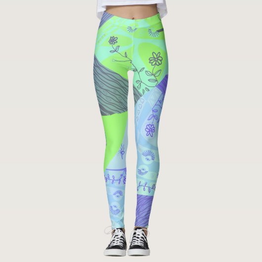 Origami Chintz (L) Groen Blauw Afstudeerder Leggings (Voorkant)