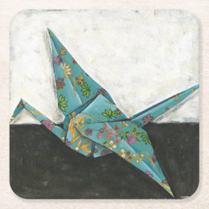 Origami Crane met Floral Design Vierkante Kartonnen Onderzetter