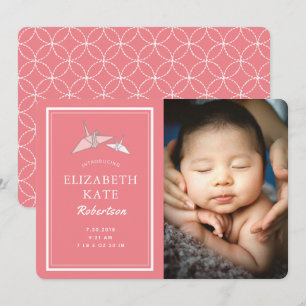Origami Cranes Photo Pink Birth Announcement Card Kaart
