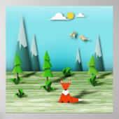 Origami Forest Scene met Fox Mountains en Vogels Poster (Voorkant)
