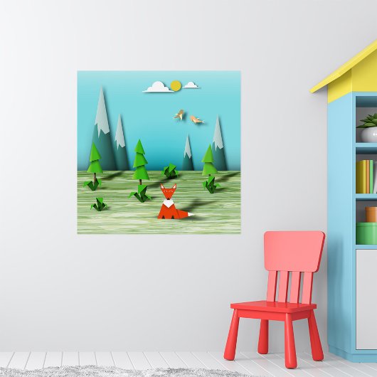 Origami Forest Scene met Fox Mountains en Vogels Poster