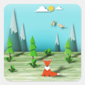 Origami Forest Scene met Fox Mountains en Vogels Vierkante Sticker (Voorkant)