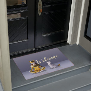 Origami Gold Foil Yoga Meditating Catoman and Cat Deurmat