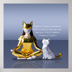 Origami Gold Foil Yoga Meditating Catoman and Cat Poster