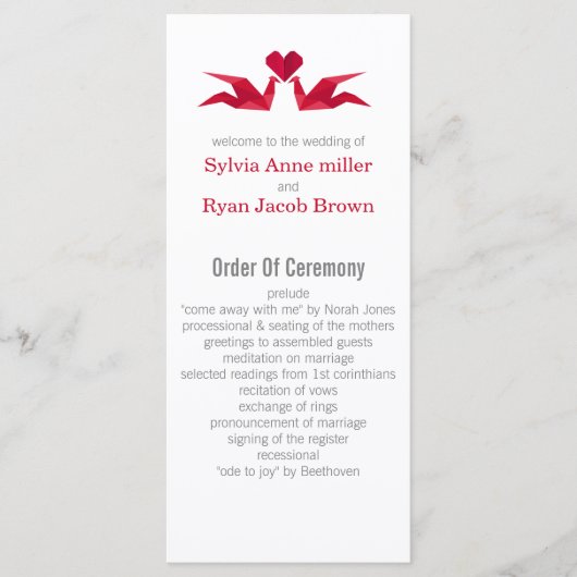origami grues rouges Programmes de mariage (Devant)