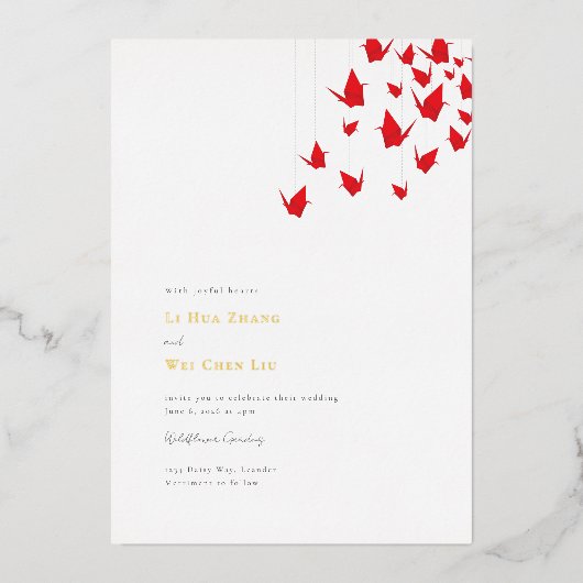 Origami papier kranen bruiloft folie uitnodiging (Voorkant)