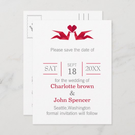 origami red cranes bruiloft , behalve de datums aankondigingskaart (Voorkant / Achterkant)