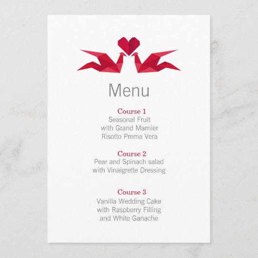 origami red cranes trouwmenkkaarten menu (Voorkant)
