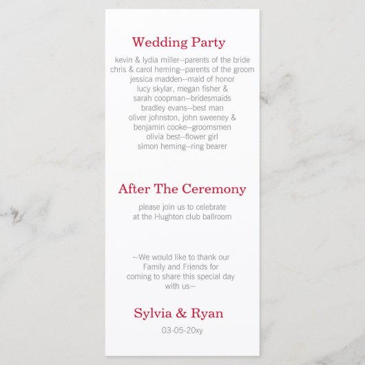 origami red cranes Wedding programme Programma (Achterkant)