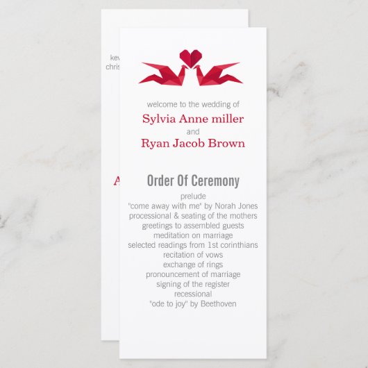 origami red cranes Wedding programme Programma (Voorkant / Achterkant)