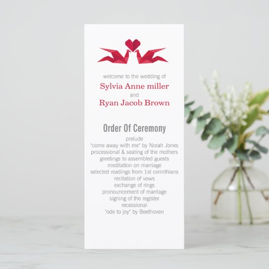 origami red cranes Wedding programme Programma (Staand voorkant)