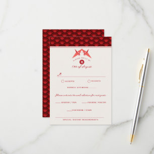 Origami Red Paper Cranes Scallop Asian Wedding RSVP Kaartje