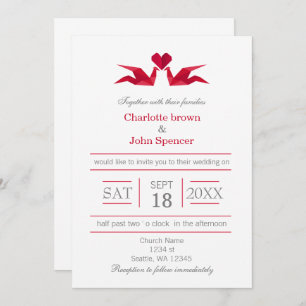 origami rouge grues invitations de mariage