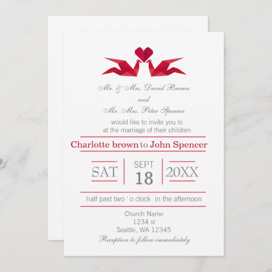 origami rouge grues invitations de mariage (Devant / Derrière)