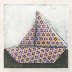 Origami Sailboat on Star Design Paper Glazen Onderzetter