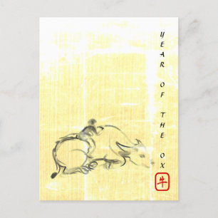 Origineel schilderwater Buffalo Child Ox Year HpC Feestdagenkaart