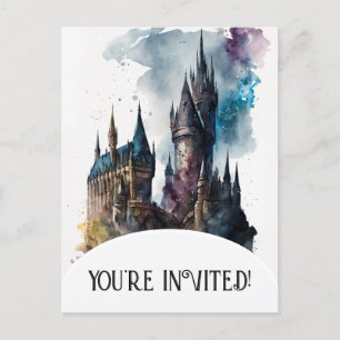 Originele Aquarel Kasteel Verjaardags Kunstwerk Uitnodiging Briefkaart