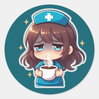 Originele Chibi Verpleegster - Koffie met Vermoeid Ronde Sticker