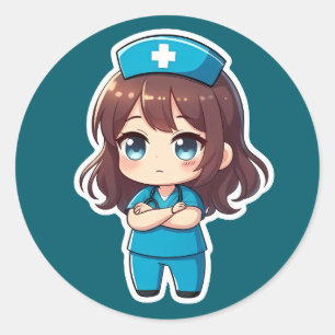 Originele Chibi Verpleegster - Professioneel Kalm Ronde Sticker