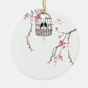 Originele kersenbloesem-vogelkooi keramisch ornament