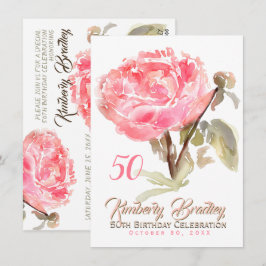 Originele Pioen waterverven 50e Verjaardagsfeestje Kaart