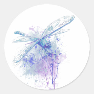 Originele Waterverf Dragonfly in Blue Mauve Natuur Ronde Sticker