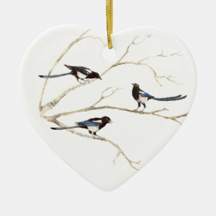 Originele Waterverf, Magpie Family, Vogels Keramisch Ornament