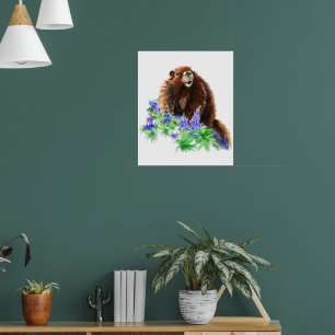 Originele Waterverf Print Marmot Groundhog Animal