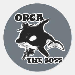 Orka de baas cartoon stijl grappige illustratie ronde sticker