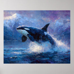 Orka die door het wateroppervlak breekt bij besnee poster