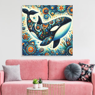 Orka Killer Whale Floral Whimsical Nautical Beach Canvas Afdruk