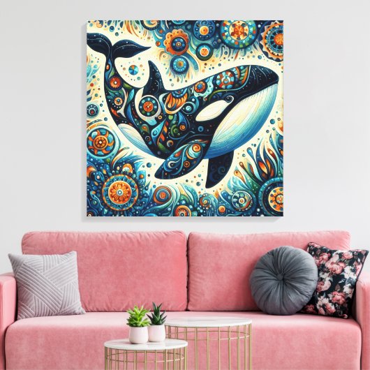 Orka Killer Whale Floral Whimsical Nautical Beach Canvas Afdruk (Insitu (Woonkamer))