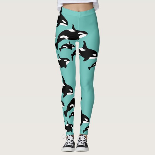 Orka Killer Whale Pattern op Blauwgroen Blauwe Oce Leggings (Voorkant)