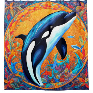 Orka Whale Leaping Versierd Quiltblok Douchegordijn