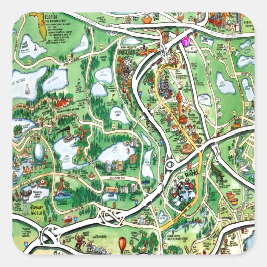 Orlando Florida Cartoon Map Vierkante Sticker (Voorkant)