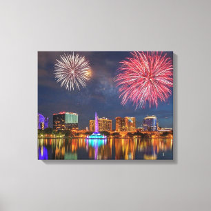Orlando Florida Lake Eola Vuurwerk & Fontein Canvas Afdruk