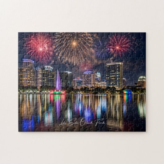 Orlando Florida Silhouet met Lake Eola Vuurwerk Legpuzzel (Horizontaal)