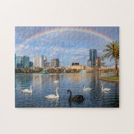 Orlando Florida Skyline Lake Eola Rainbow & Swans Legpuzzel (Horizontaal)