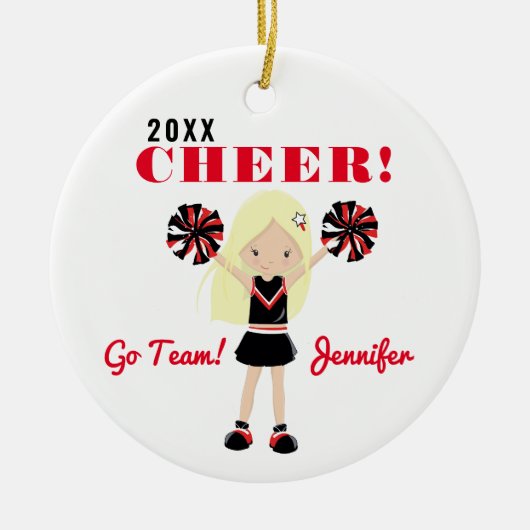 Ornament Red & Black Cute Blonde Cheerleader (Voorkant)