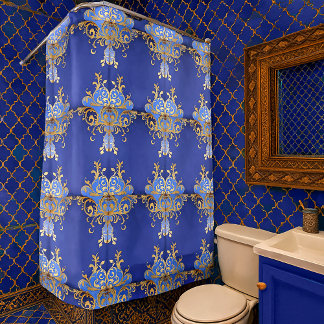 Ornamental Arabesque Royal Blue Gold Pattern Douchegordijn