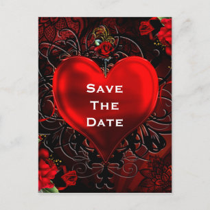 Ornamental Elegant Floral Heart Black & Red Party Aankondigingskaart