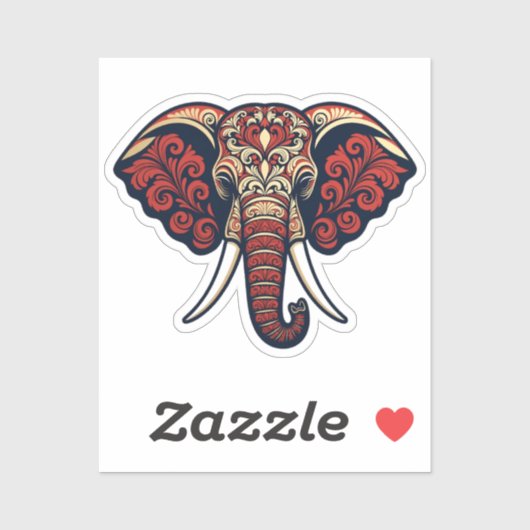 Ornamental Elephant Head - Red, Blue & Gold Paisle Sticker (Vel)