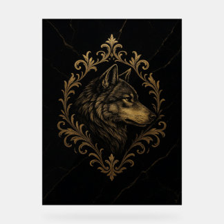 Ornamentaler Goldener Wolf  Acryl Bord