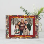 Ornamenten, Gold Script en ingelijste foto - Rood Feestdagenkaart (Staand voorkant)