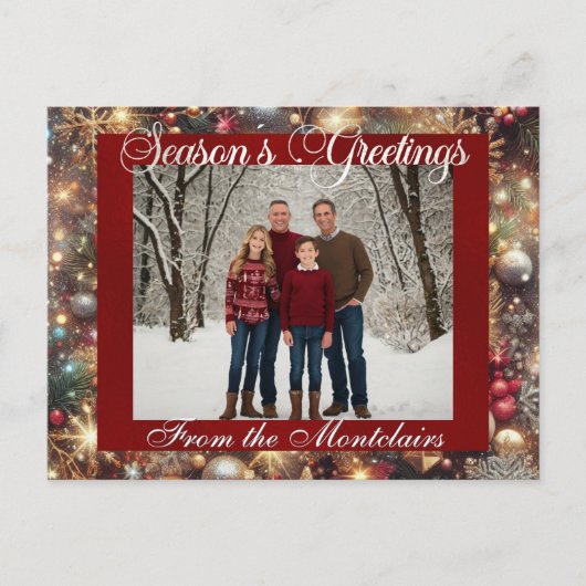 Ornamenten, Silver Script & ingelijste foto - Rood Feestdagenkaart (Voorkant)